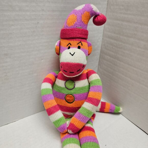 SCM Designs Sock Monkey Shelf Sitter Pastel Knit Crochet Stripped Stuffed Animal - Picture 8 of 8